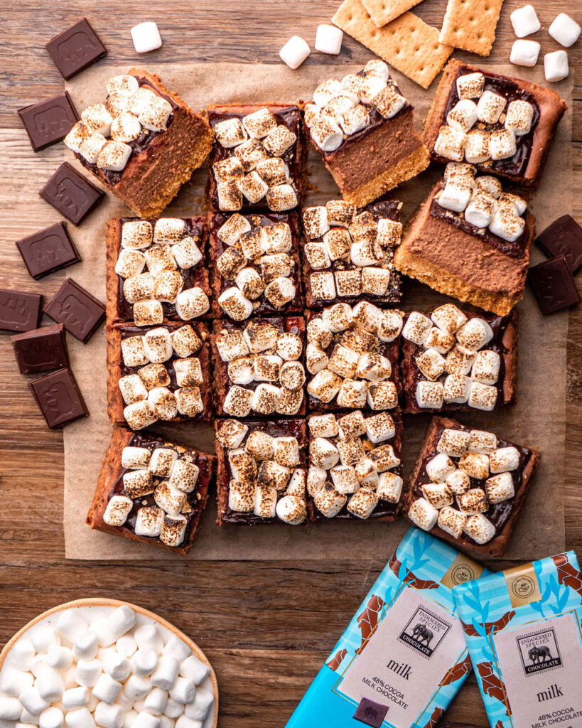 S'mores Cheesecake Bars featuring Endangered Species Chocolate 48% Milk Chocolate